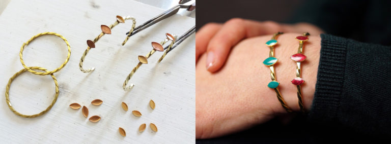 Handmade-gold-bangle-bracelet-for-women-with-blue-enamel-made-in-France