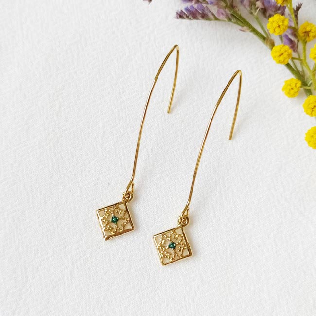 Bijoux-de-créateur-fantaisie-boucles-d-oreilles-fine-email-vert-dorée-à-l-or-fin