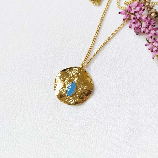 Handmade-gold-plated-long-necklace-for-women-with-a-blue-gemstone-made-in-France