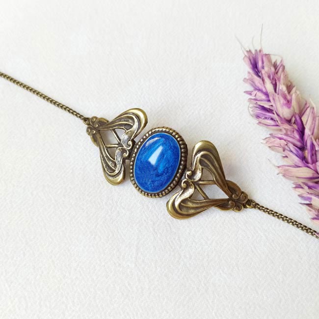 Handmade-bronze-antique-brass-bracelet-for-women-royal-blue-enamel-made-in-France