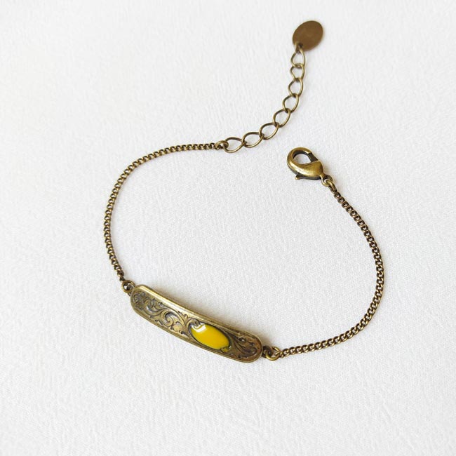Handmade-bronze-antique-brass-bracelet-yellow-enamel-handcrafted-in-Paris-France