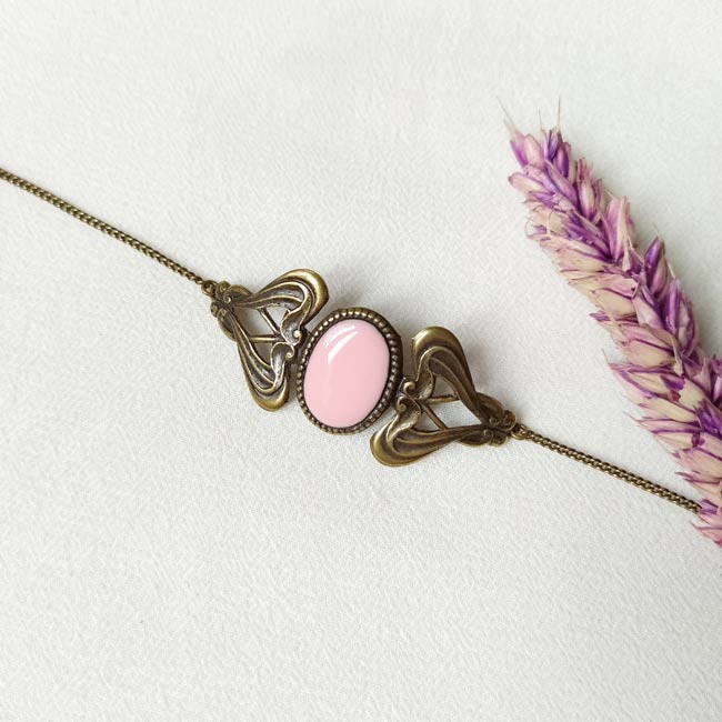 Handmade-bronze-antique-brass-bracelet-for-women-pink-enamel-made-in-France