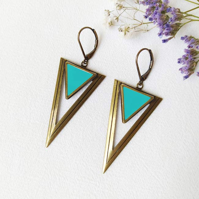 Handmade-bronze-antique-brass-earrings-for-women-with-turquoise-blue-enamel-made-in-France
