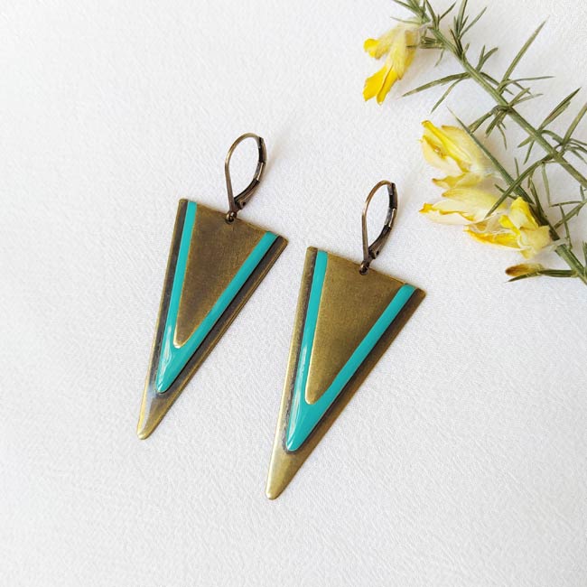 Handmade-bronze-earrings-for-women-with-turquoise-blue-triangle-earrings-made-in-France