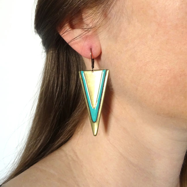 Handmade-antique-brass-earrings-for-women-with-turquoise-blue-triangle-earrings-made-in-France