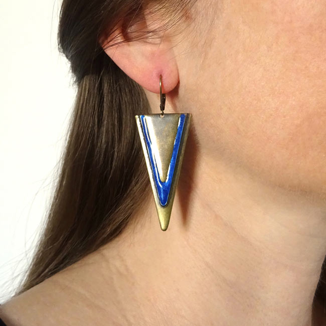 Handmade-antique-brass-earrings-for-women-with-royal-blue-triangle-earrings-made-in-France