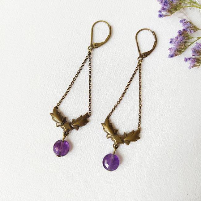 Handmade-bronze-earrings-for-women-with-purple-amethyst-gemstones-made-in-France