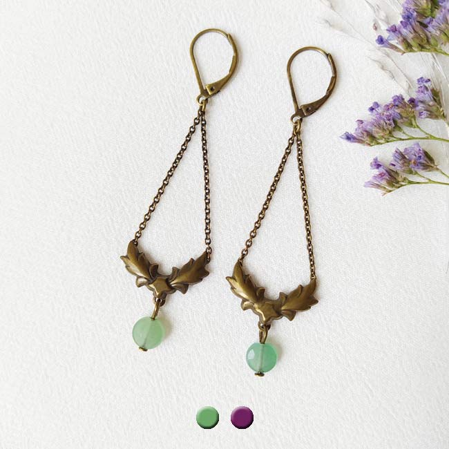 Handmade-bronze-earrings-for-women-with-green-aventurine-gemstones-made-in-France