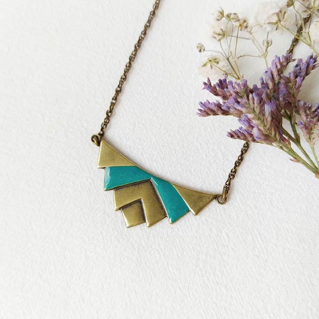 Handmade-antique-brass-necklace-for-women-with-turquoise-blue-enamel-made-in-Paris-France