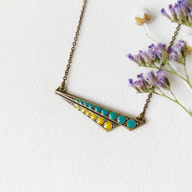 Handmade-bronze-necklace-for-women-with-a-turquoise-yellow-pendant-made-in-France