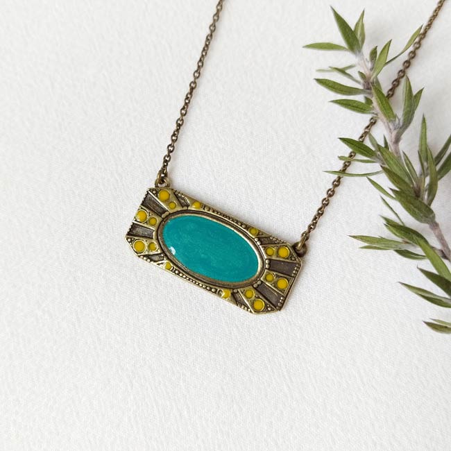 Handmade-antique-brass-necklace-women-with-a-turquoise-yellow-pendant-made-in-France