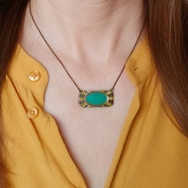 Handmade-antique-brass-necklace-women-with-a-turquoise-yellow-pendant-made-in-Paris-France