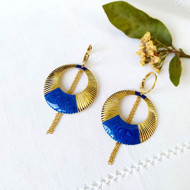 Handmade-fashion-gold-plated-earrings-for-women-royal-blue-enamel-made-in-France
