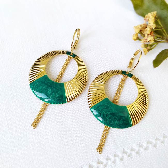 Handmade-fashion-gold-plated-earrings-for-women-green-enamel-made-in-France