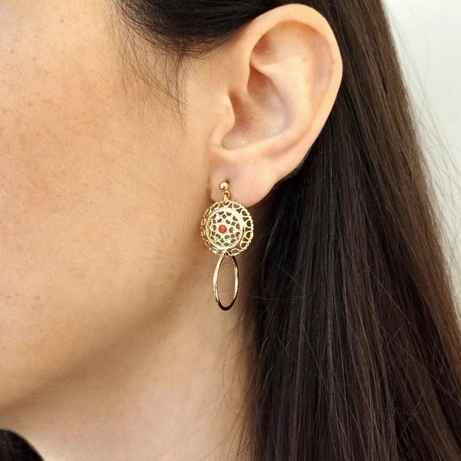 Handmade-customed-fashion-gold-earrings-for-woman-with-orange-red-cold-enamel-made-in-Paris-France