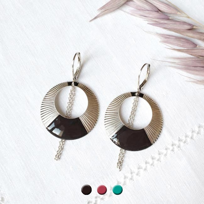 Customed-fashion-handmade-silver-pendant-loop-earrings-with-black-enamel-in-France