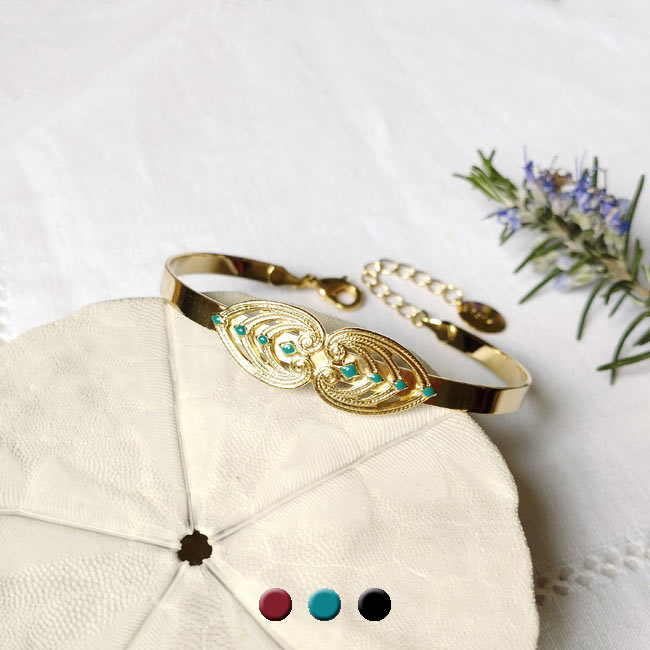 Customed-fashion-handmade-gold-adjustable-bangle-bracelet-for-women-with-blue-enamel-made-in-France