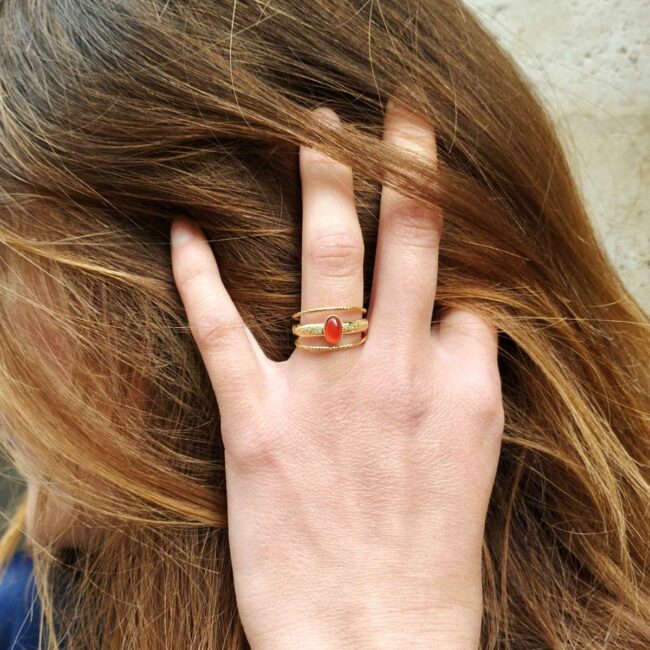 Customed-fashion-handmade-gold-adjustable-ring-for-woman-with-red-gemstone-in-France