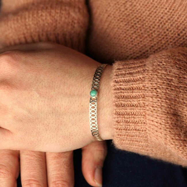 Customed-handmade-fashion-adjustable-silver-bangle-bracelet-for-woman-with-a-blue-green-amazonite-in-Paris